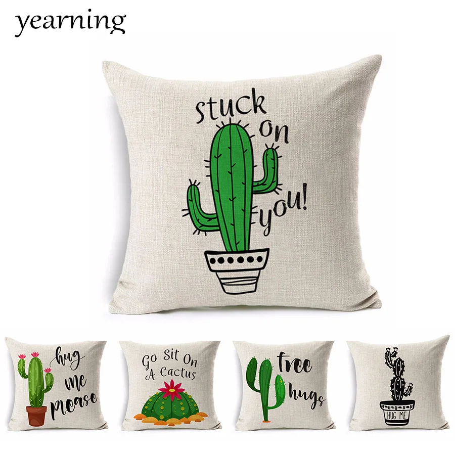 

Green Cactus Print Cushion Cover Prickly Pear Letter Linen Cotton Pillow Case Decoration Home Bedroom Office Throw Pillow Cover