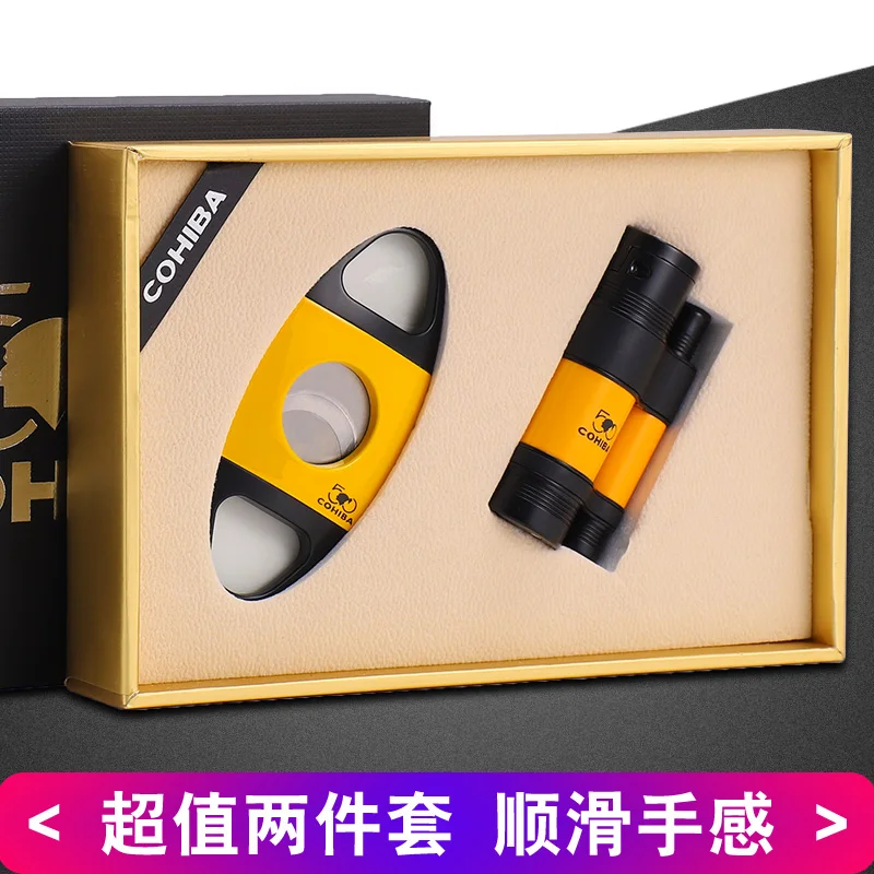 

COHIBA Cigar suit Stainless Steel Cigar Cutter and Metal Windproof Gas Cigar Lighter