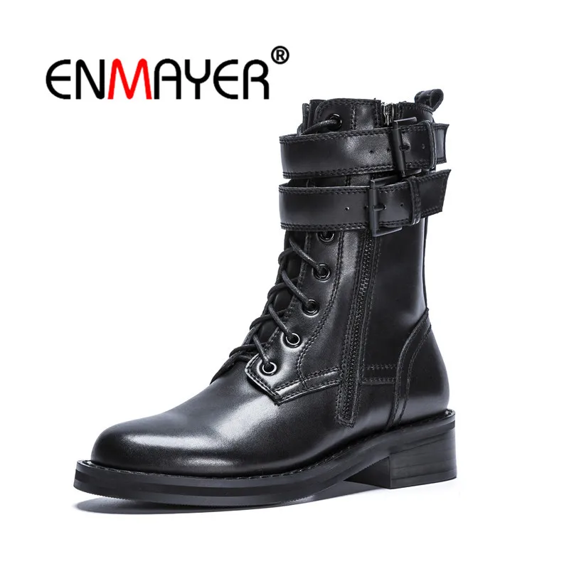

ENMAYER Women Ankle Boots Round Toe Shoes woman Size 34-40 Thick Med Heels Buckle Fashion Boots Winter Motorcycle Boots CR744