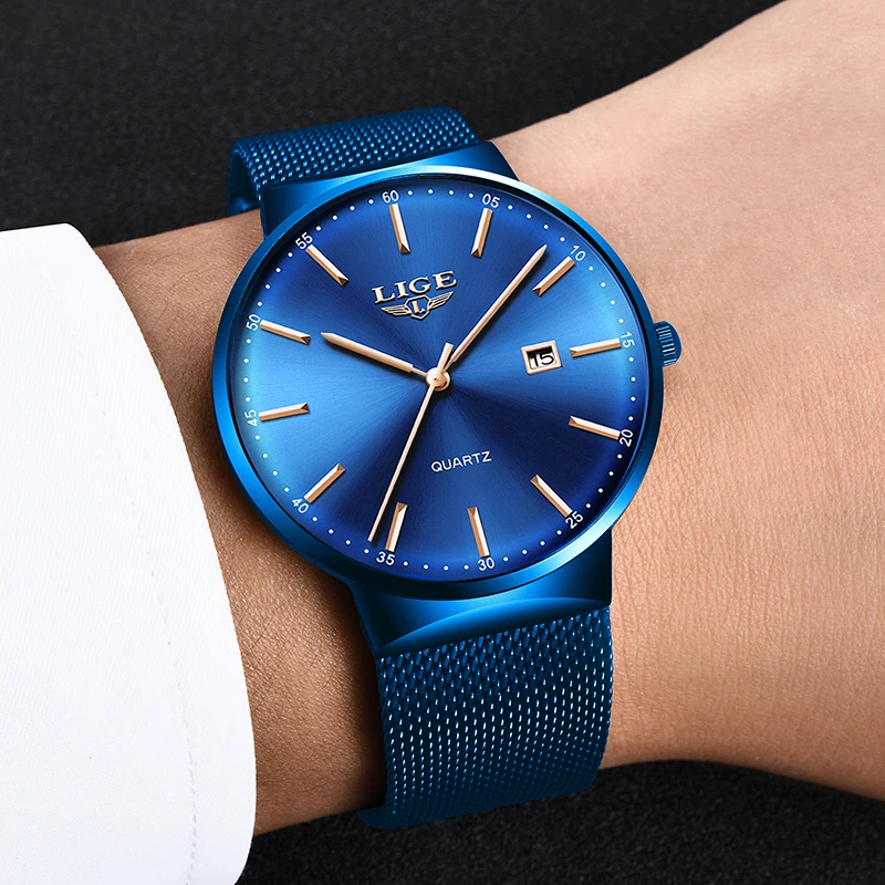 LIGE Men's Watches New Luxury Watch Men Fashion Sports Quartz Watch Stainless Steel Mesh Strap Ultra Thin Dial Date Blue Clock