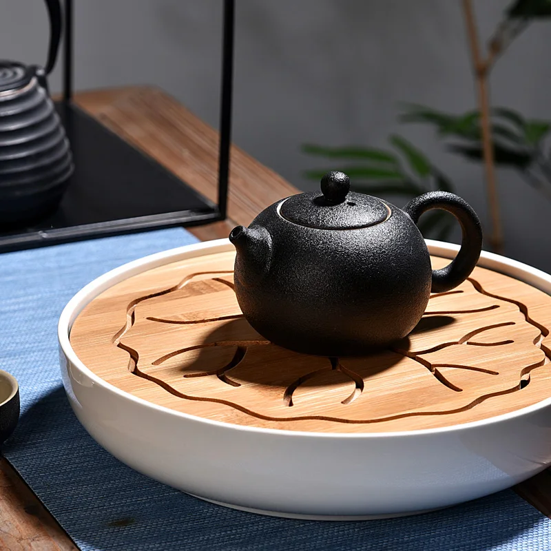 Керамический чайный поднос, японский бытовой бамбуковый поднос, чайный набор кунг-фу, Круглый, плотный сухой дерево, мини чайный столик