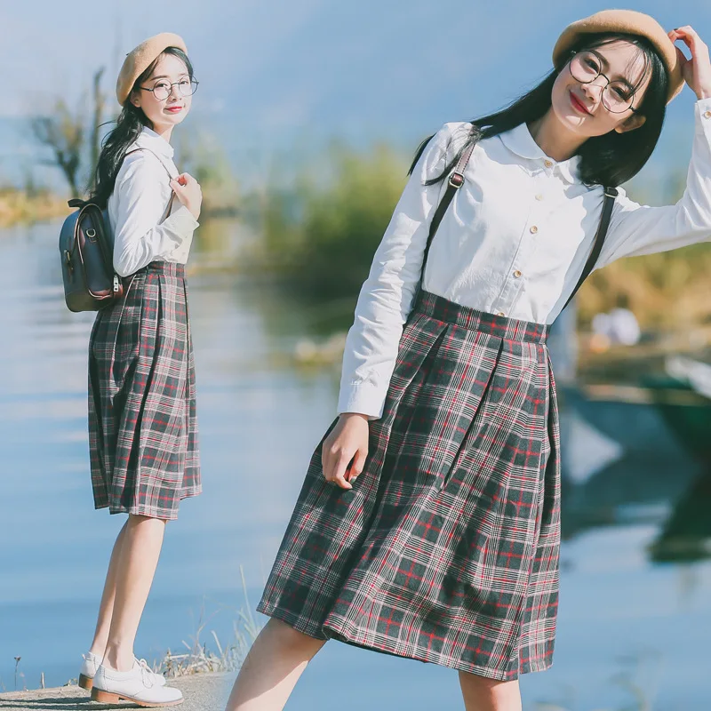 

2019 New Women Plaid Skirts High Waist Autumn Winter A-line College style Skirts Woman Korean Style Skirts