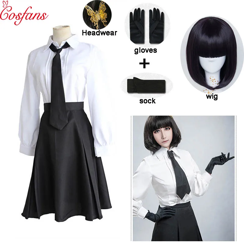 

Anime Bungo Stray Dogs Detective Agency Member Akiko Yosano Cosplay Costumes Shirt Skirt Tie Gloves School Uniform Suit and wig