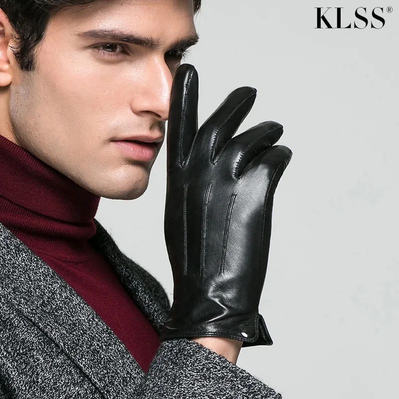 Klss Brand Genuine Leather Men Gloves Warm Velvet Winter Gentleman Classic Black High Quality Goatskin Glove Business Casual 08
