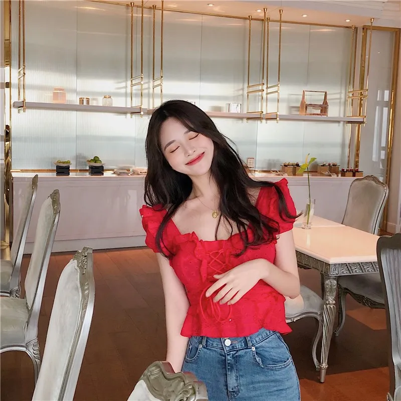 Women Korean Lace Up Casual Shirts Hollow Out Ruffles Embroidery Blouses Female Patchwork Square Neck Sexy Shirts