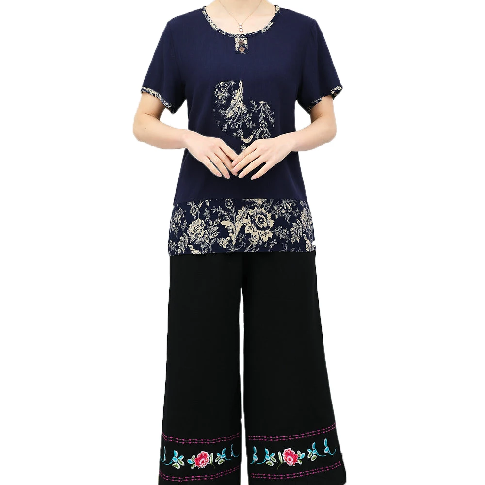 

Woman Ethnical Two Pieces Pant Suit Oriental Top And Loose Trouser Set Women Outfit Red Green Blue Ensemble Femme Summer Twinset