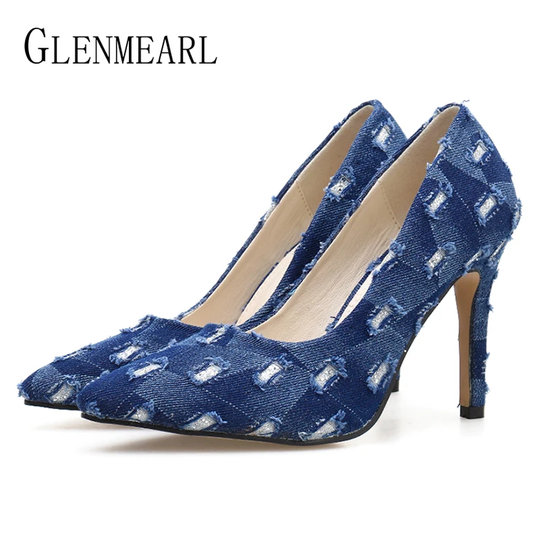 

Women Shoes High Heels Woman Pumps Casual Shoes Denim Pointed Toe Female Party Shoes Brand Spring Autumn Laides Pumps Thin Heels