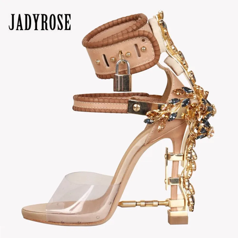 Jady Rose/Дизайнерские женские сандалии-гладиаторы с кристаллами; прозрачная обувь из ПВХ на высоком каблуке; босоножки с ремешком на щиколотке, украшенные висячим замком; женская свадебная обувь