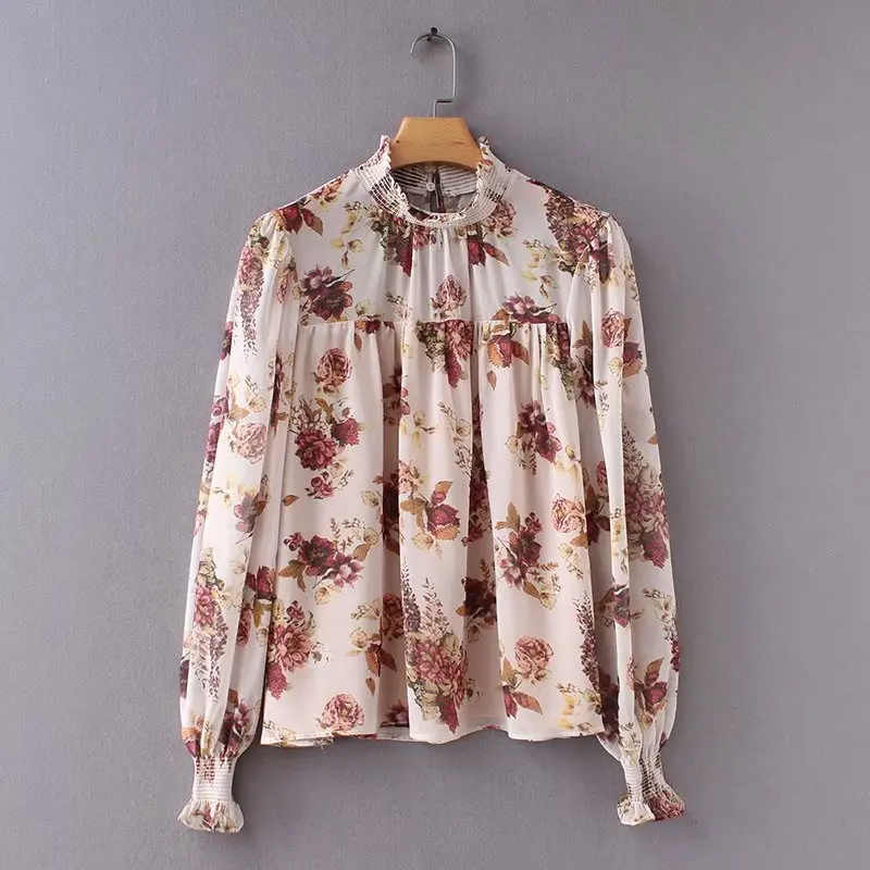 

women vintage sweet floral printing chiffon blouse casual shirt women stand collar ruffles femininas blusas chic tops LS2692