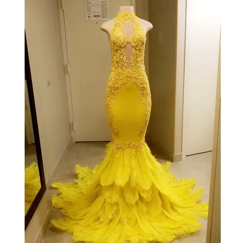

Modest Yellow Feather Mermaid Evening Dresses High Neck Appliques Prom Gown Sequined Satin Women's Celebrity Gowns 2019