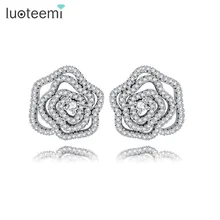 LUOTEEMI White Gold Color AAA CZ Hollow Rose Flower Stud Earrings For Women Girls Brincos Wholesale
