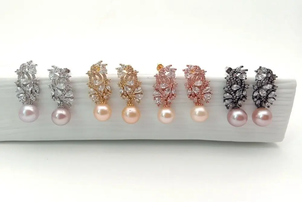 

10.2mm Mixed Color Perfect Round AAA Keshi Pearl Golden Plated CZ Pave Earrings