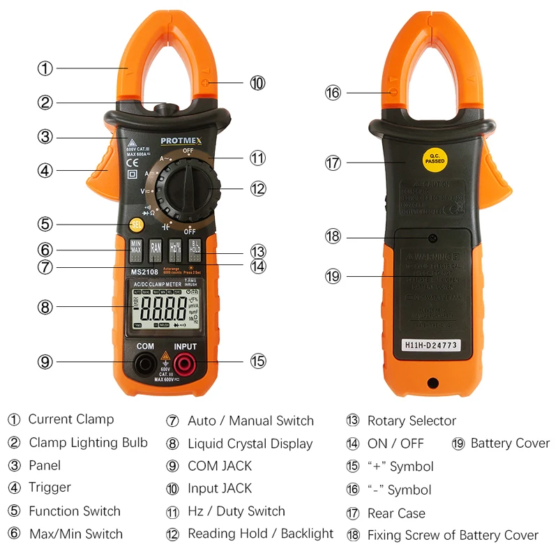 MS2108 6000 отсчетов T-RMS AC/DC токовые клещи пусковой Амперметр Вольтметр capacitorohmmeter Тестер LCD подсветка Электрический тестер