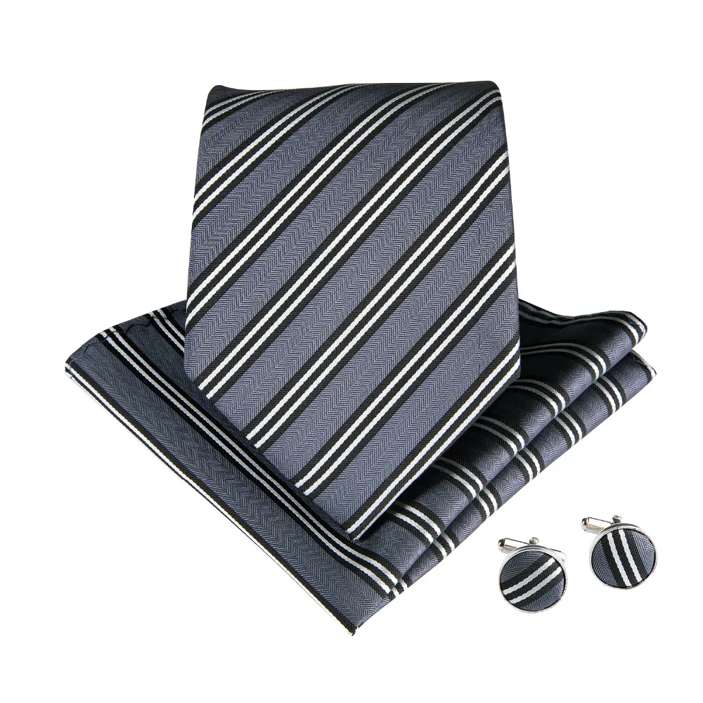 DiBanGu Новое поступление модные серые полосатые галстуки для Для мужчин с носовой платок запонки шелковый галстук для мужчин свадебные