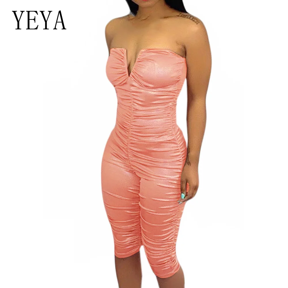 

YEYA Off Shoulder Sexy Summer Wrapped Pleated Slim Nightclub Jumpsuit Women Summer Bodycon Rompers Basic Bodysuits