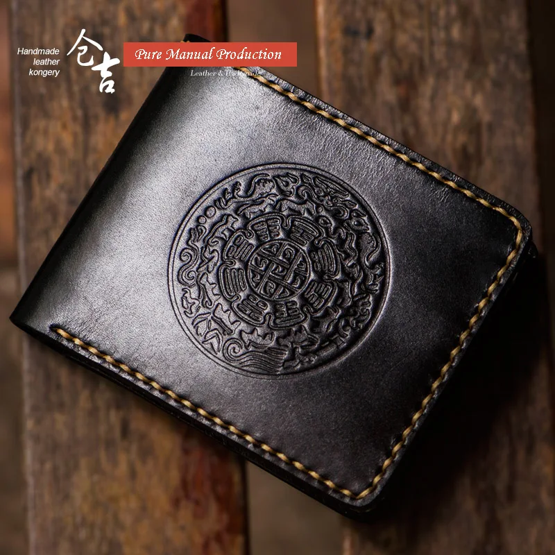 

Handmade cross-section leather wallet Unisex short folding wallet Vintage casual simple cross-section cowhide clip