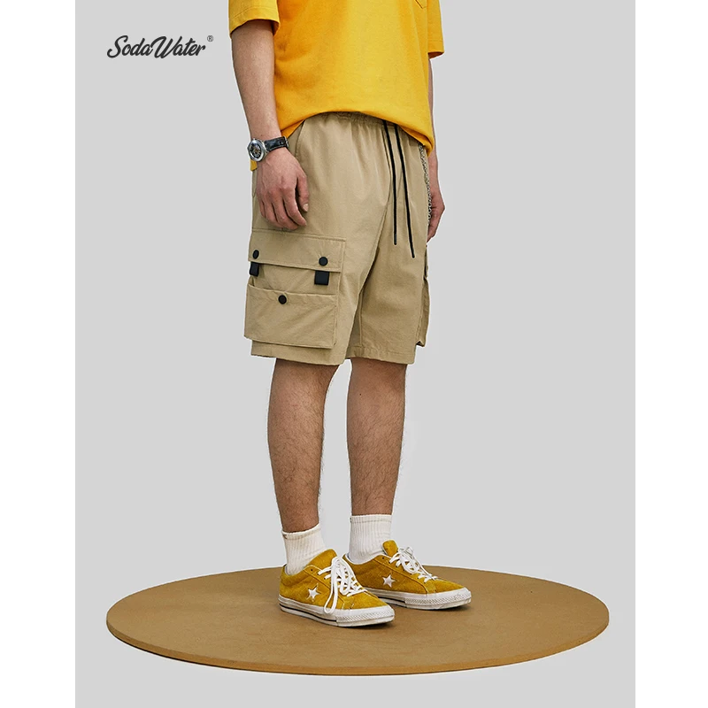 

SODA WATER Men Shorts Solid Drawstring Fashion Elastic Waist Shorts For Men Mid Straight Knee Length Casual Shorts 9310S