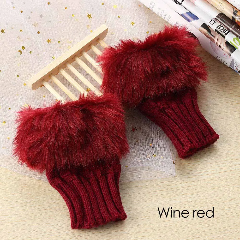 1-Wine Red Зимние осенние теплые модные наручные перчатки для девочек из искусственного кроличьего меха, вязаные женские вязаные варежки без пальцев, перчатки с открытыми пальцами - Цвет: 1-Wine Red