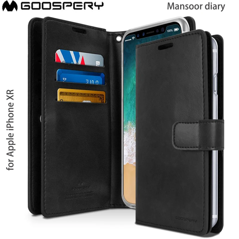 

For iPhone XR Genuine Mercury Goospery Mansoor Diary Card Slots Wallet Case Flip Cover
