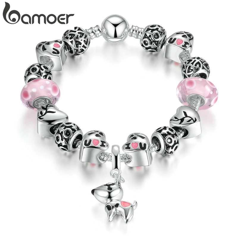 

BAMOER Antique Silver Color I love U PINK DOG Pendant Murano Glass Beads Bracelets & Bangles Women Wedding PA1889