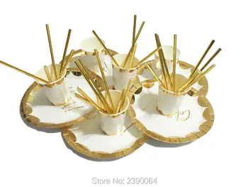 

Free Shipping 24sets Party Paper Tableware Metallic Foil Gold Scalloped Edge Plates Cups Straws for Event Party Celebration