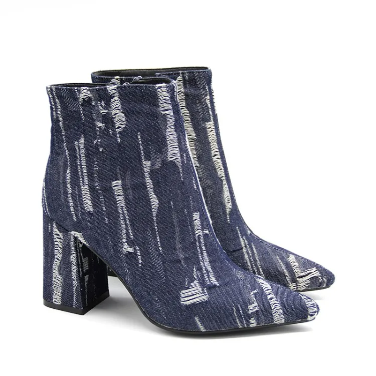 

US4-11 Womens Pointed Toe Denim Jeans Ankle Boots Side Zip Chunky Block High Heel Ripped Shoes Plus Size A884
