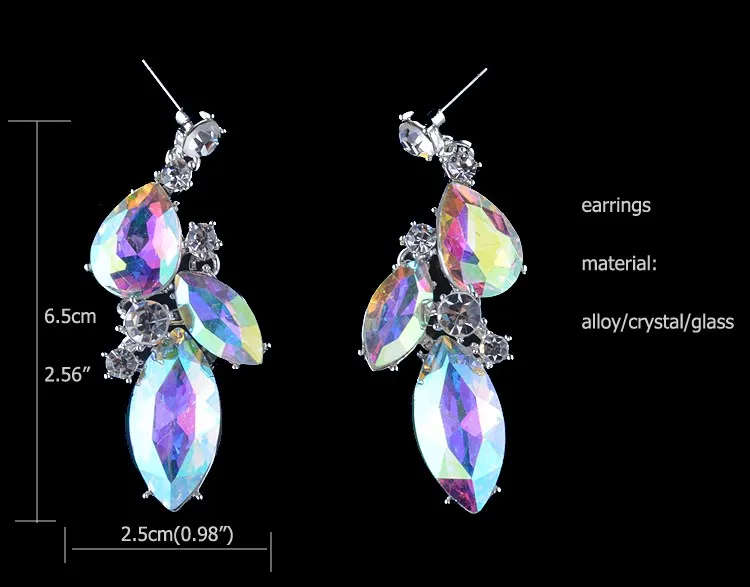 Элегантные посеребренные AB цветные серьги, свадебные стразы, Висячие серьги, подарок для женщин, вечерние ювелирные изделия