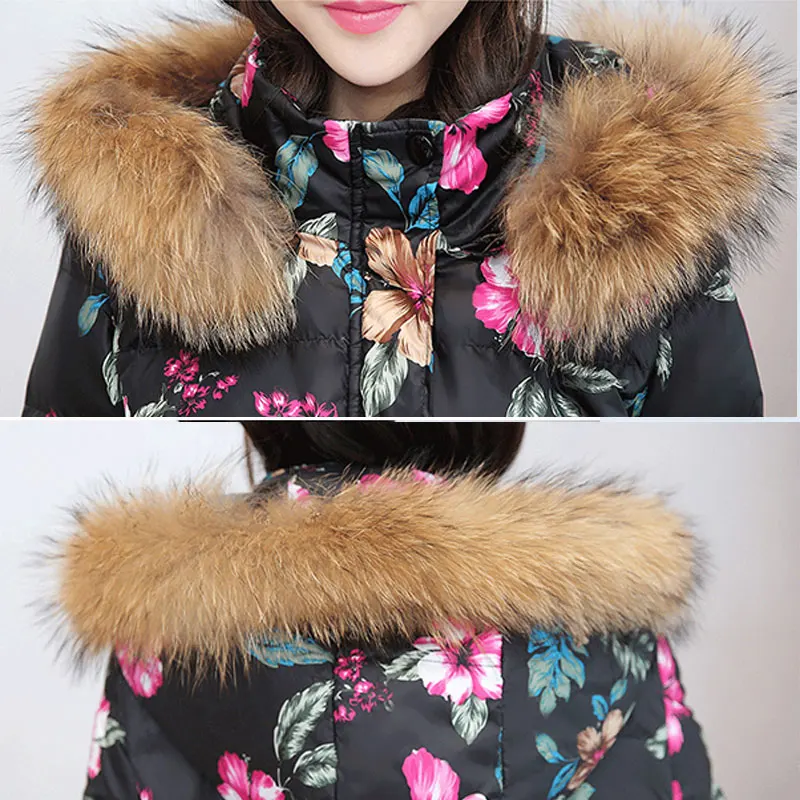 Зимний женский пуховик с цветочным принтом, длинное пальто на утином пуху, Женская Толстая теплая одежда, пальто с капюшоном из натурального меха енота для девушек