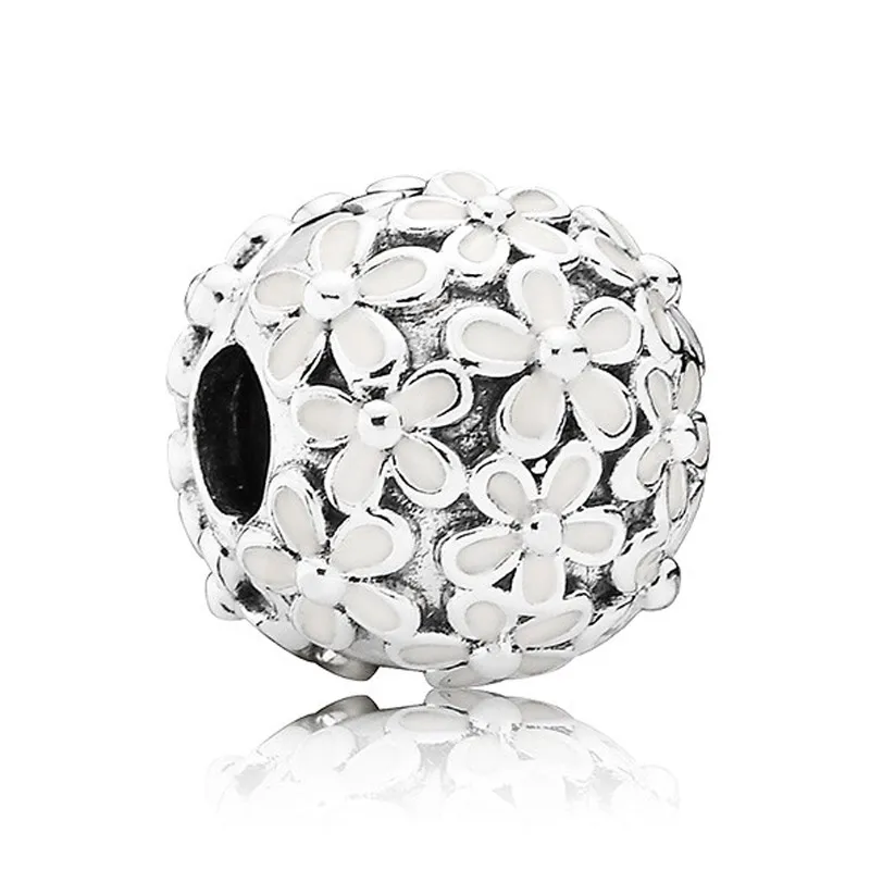 

Authentic 925 Sterling Silver Bead Charm White Enamel Daisy Meadow Clip Stopper Beads Fit Pandora Bracelet Diy Jewelry