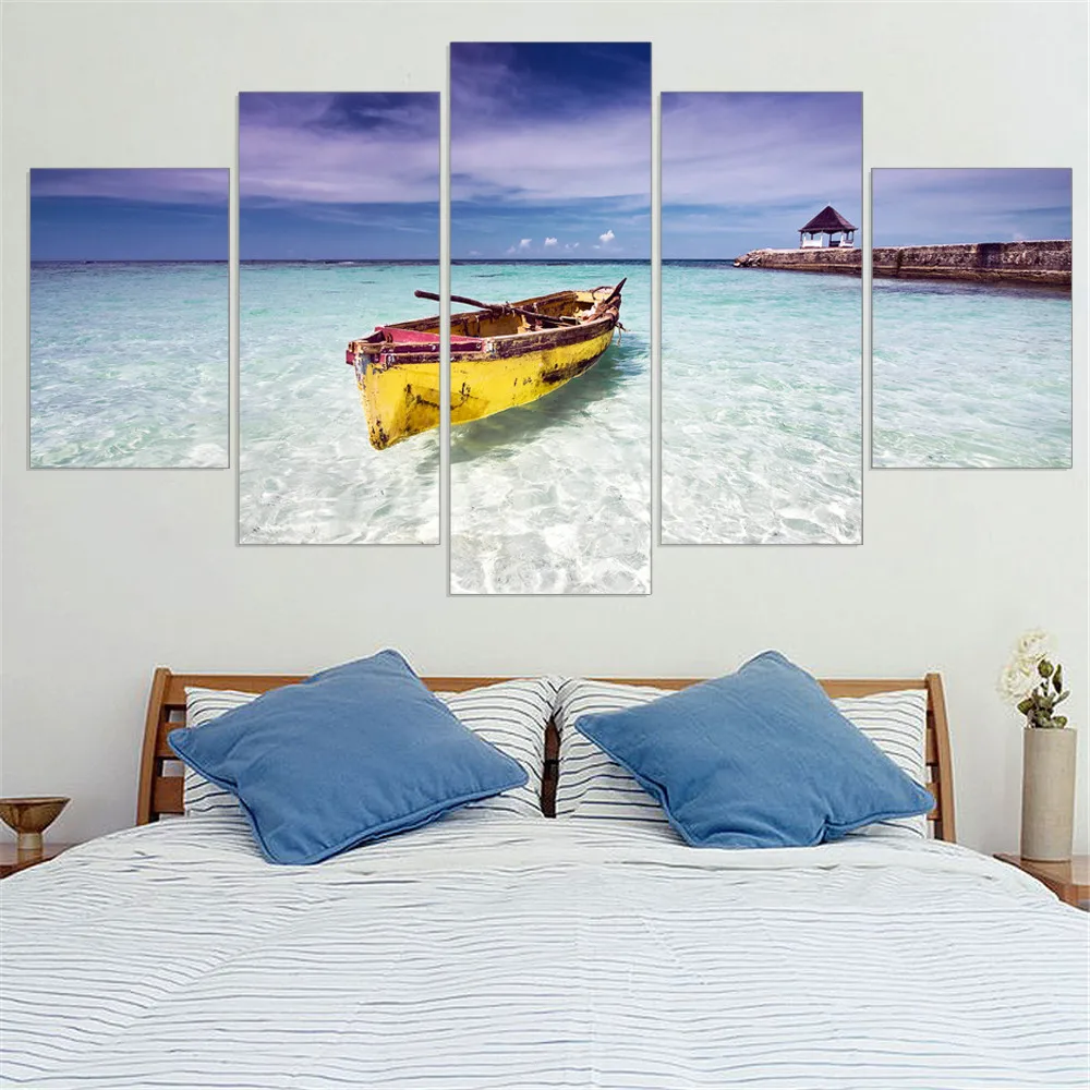 Canvas-Painting-Blue-Ocean-Yellow-Boat-Seascape-Oil-Picture-Wall-Art-Poster-Seaview-Art-Print-Mordern (1)