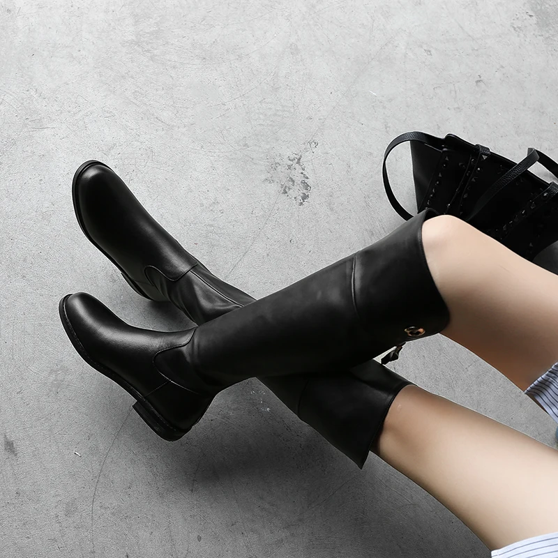 Ceny WETKISS krowa skórzane damskie buty do kolan motocyklowe okrągłe Toe Zip obuwie niskie obcasy kobiece buty do jazdy konnej kobieta zima 2019 nowe