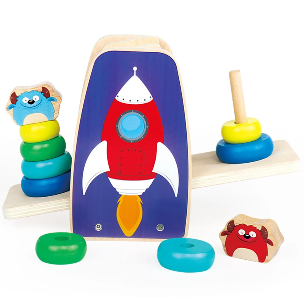 Wooden Robot Space Balance Tower Puzzles for Toddlers Educational Stacking Toys for Children Color Sorting Nesting Baby Math Toy