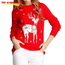 Try Everything Deer font b Christmas b font Jumpers Ladies O neck Loose Women Sweaters And