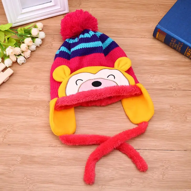 Модная детская зимняя теплая шапка, аксессуары для детской одежды, полосатая шапка с рисунком обезьяны, шапка с ушками, вязаная крючком шапка с помпоном