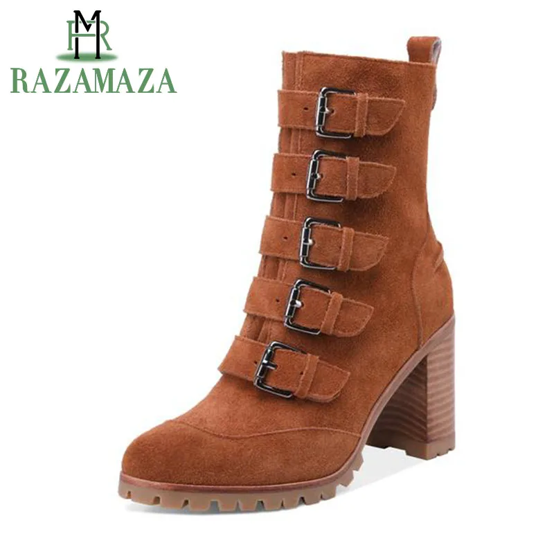 

RAZAMAZA Sexy Women Genuine Leather High Heel Boots Buckle Platform Martin Winter Shoes Ankle Boots Women Footwear Size 34-39