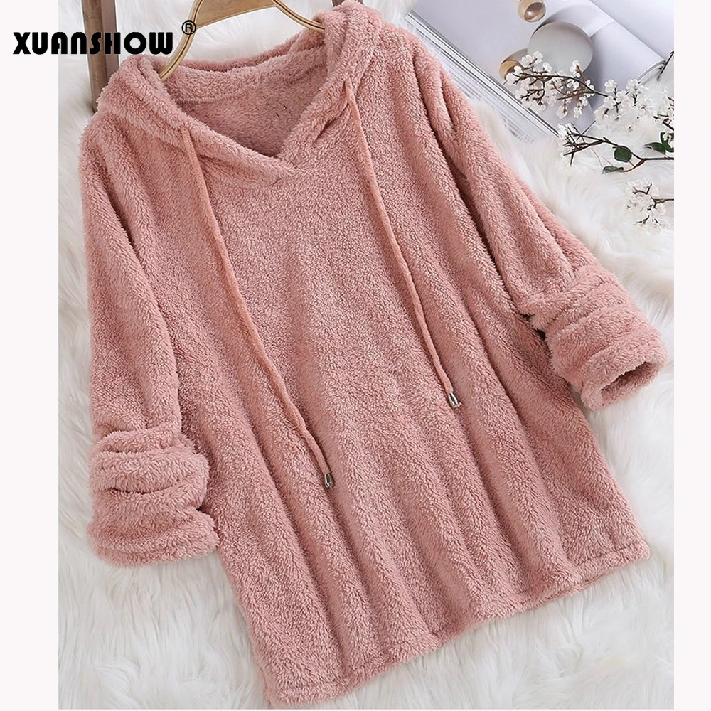 

XUANSHOW Women's Winter Clothes 2019 New Fashion Solid Long Sleeve Plush Fleece Hoody Sweatshirt Female Plus Size 5XL Hoodies