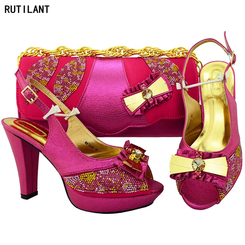 

Latest Fuchsia Color Italian Shoes and Bags To Match Shoes with Bag Set Decorated with Appliques Nigerian Women Wedding Shoe Bag