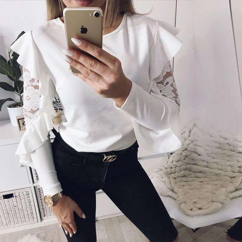 Элегантная кружевная блузка с рюшами женская модная круглым вырезом и длинным