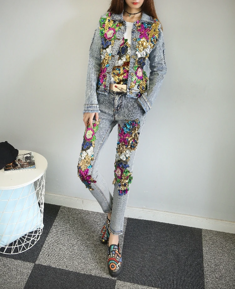 

Women's Gloria Jeans Sets New Fashion Long Sleeve Sequins Denim Jacket Coat + Slim Denim Pants Two Piece Girl Lady Jeans Suit