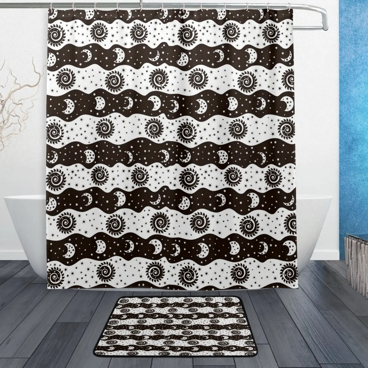 Abstract Sun Moon Star Waterproof Polyester Fabric Shower Curtain with