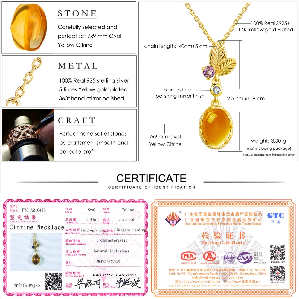 LAMOON 7x9mm 2ct 100% Natural Oval Citrine 925 Sterling Silver Jewelry Light Yellow Gold Color Chain Pendant Necklace LMNI010 - Image 6