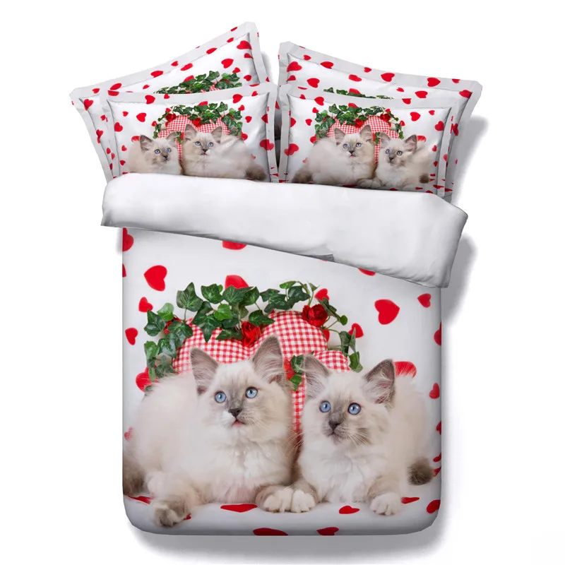 

White cats heart Bedding Sets Girls Kids 3D Print Comforter/Duvet Cover Single Twin Queen King Sizes Bed Linen 3/4 Piece 500TC