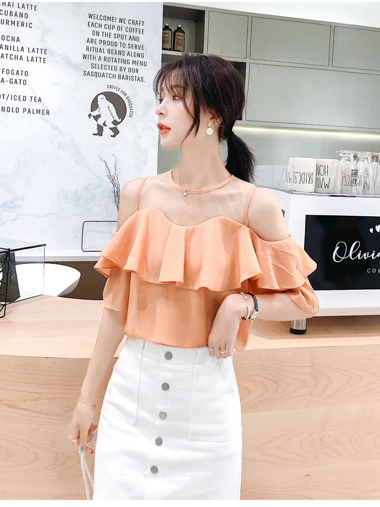 

Summer new chiffon shirt mesh stitching shoulder short-sleeved foreign shirt