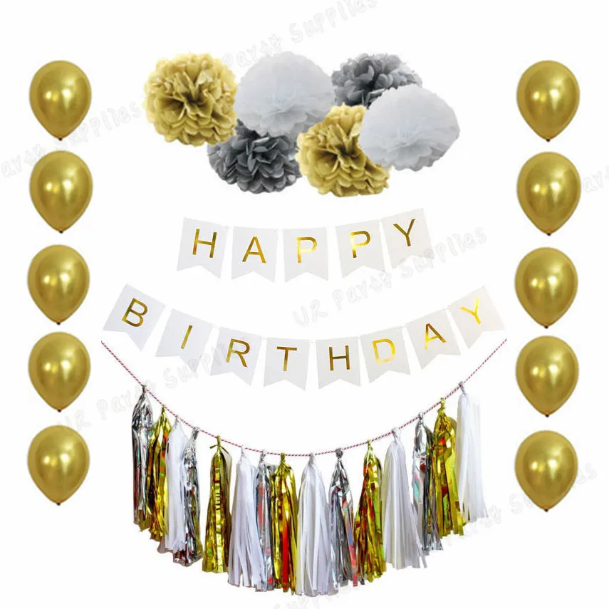 

1 Set Happy Birthday Decorations Banner Gold with Colorful (Mint/Pink/Blue/Black) Tissue Paper Pompoms Tassels Party Balloons