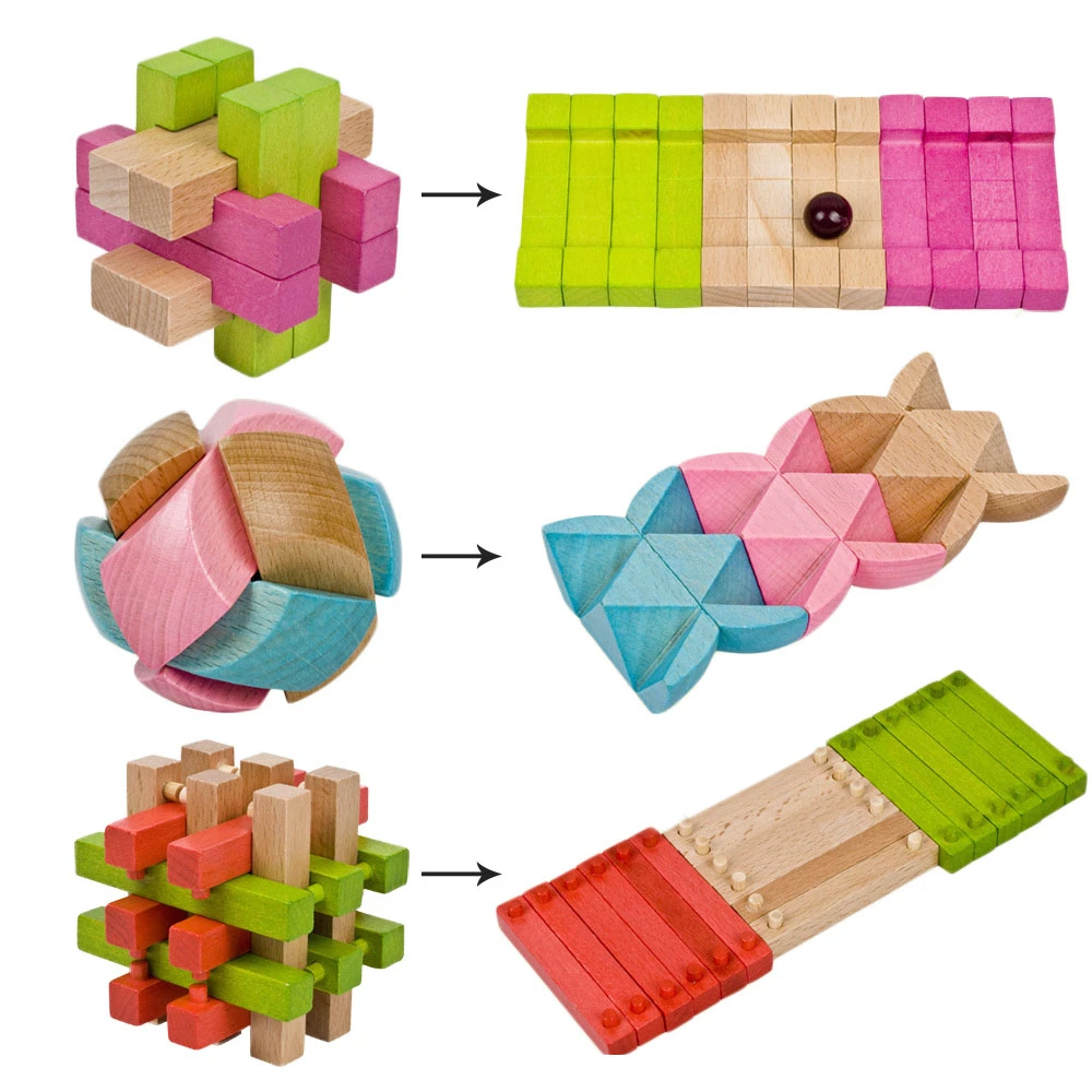 China Classic 3D Wooden Puzzle Lock Toys Cube Game Kong Ming Lock Design IQ Brain Teaser Educational Toys For Children Adults