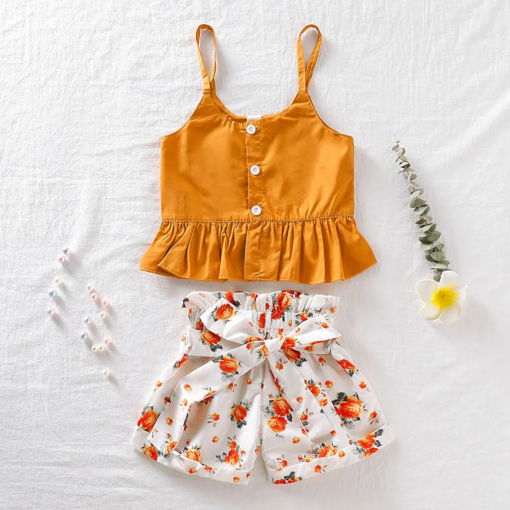 

Infant Toddler Kids Baby Girls Ruffled Sling Crop solid Vest Tops Floral Shorts 2Piece Outfits Sets Clothes 6 Months to 5 Years