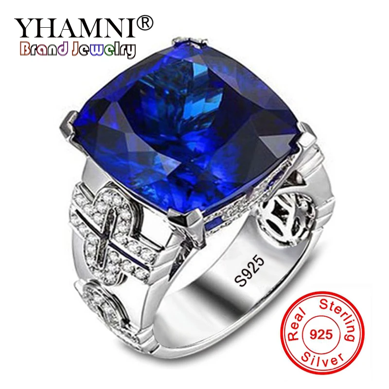 

YHAMNI Fashion Original Vintage Big 3ct Blue Natural Stone 925 Sterling Silver Ring Crystal Women Wedding Ring Jewelry LR039