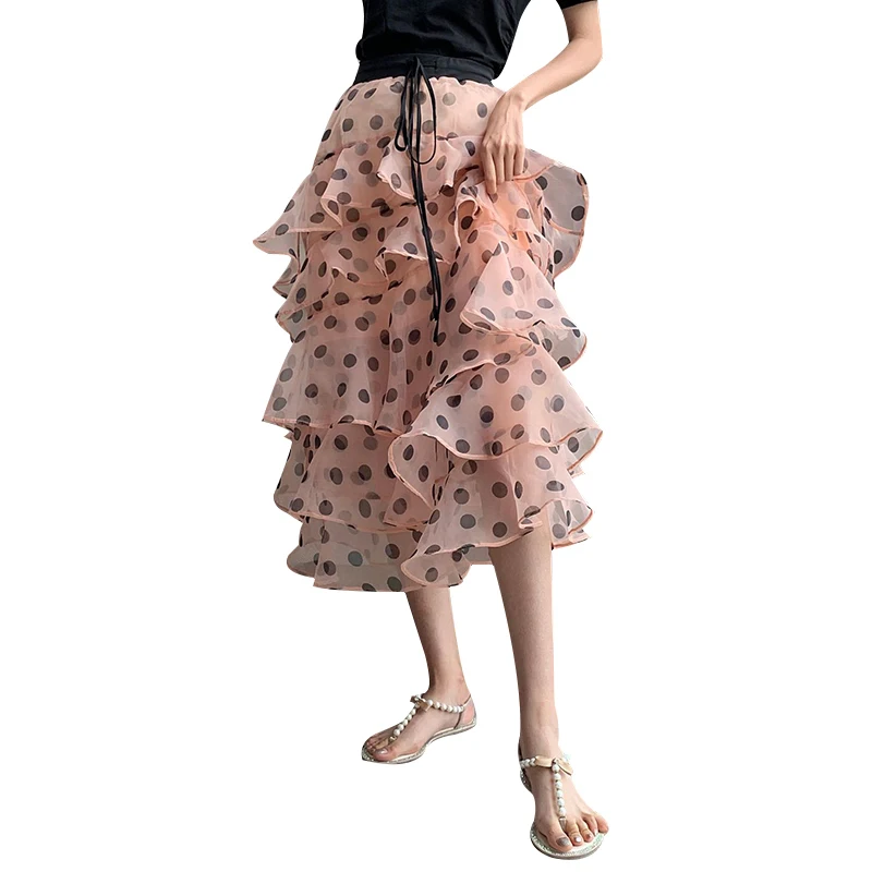 TWOTWINSTYLE Casual Polka Dot Skirt For Women High Waist Bandage Ruffles Slim Chiffon Skirts Female Fashion Summer New