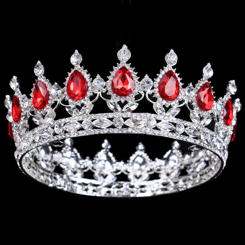 Luxury Silver Large Wedding Tiaras Crowns Headband Red Crystal Bridal