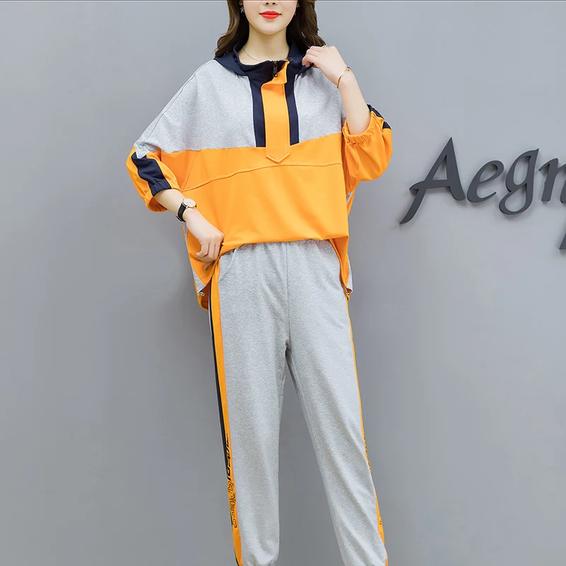 

2019 Plus Size Summer 2 Piece Set Patchwork Women Tracksuit Outfit Sportswear Co-ord Set Loose Hoodies Top and Pants Suits